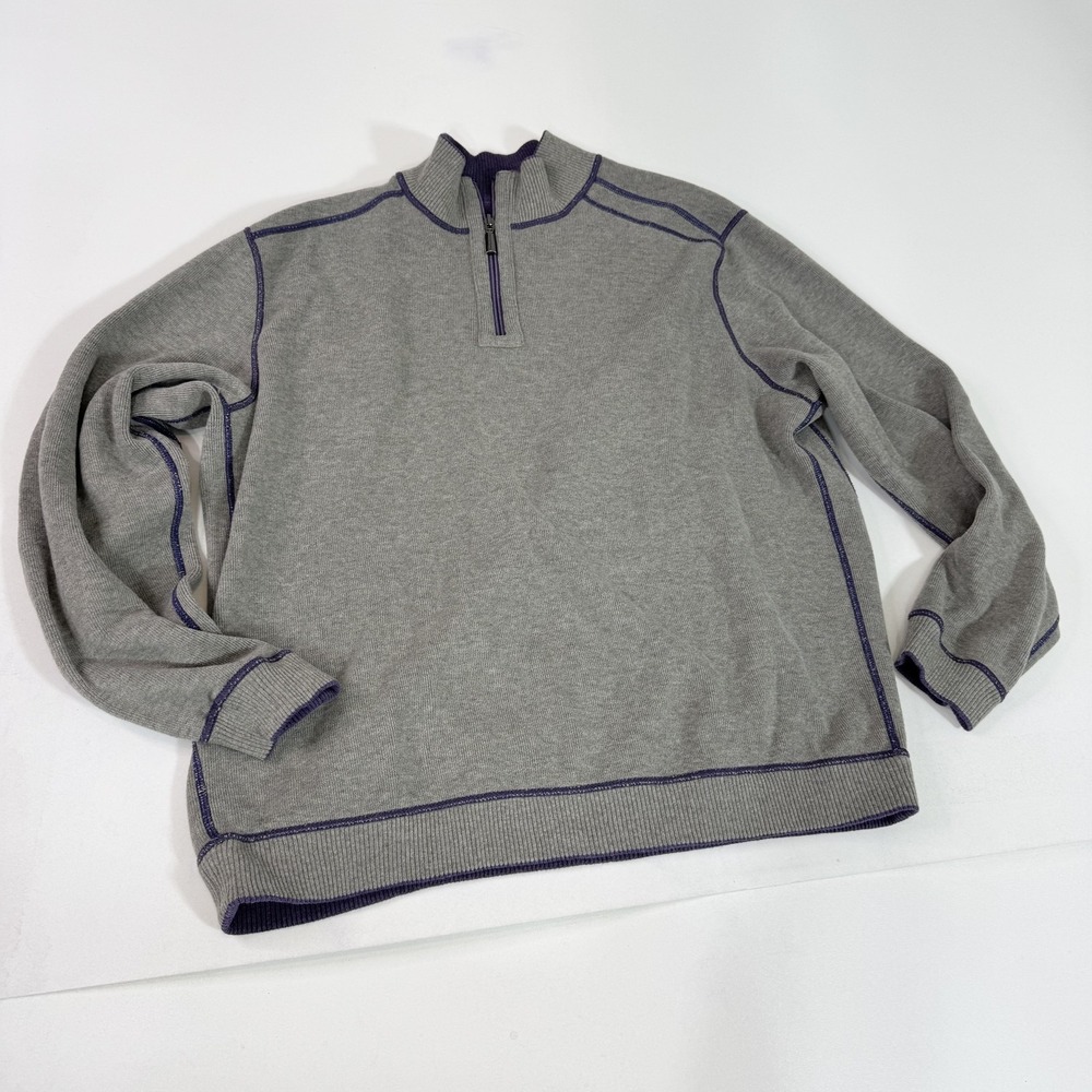Tommy Bahama Sweater Mens Extra Large Gray Purple Half Zip Pullover Marlin Logo